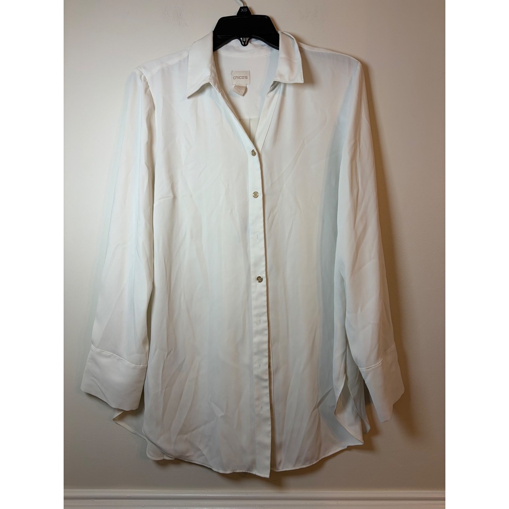 Chico's Button Up Tunic Womens Size 1 White Pleated Back Long Sleeve Blouse